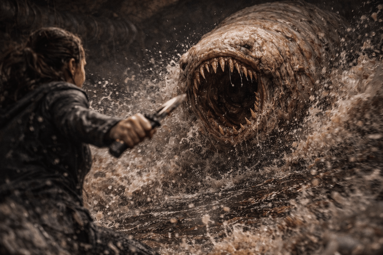 A woman in a dark jacket attacks a massive, fanged grub monster with a knife, kicking up a huge splash of water.