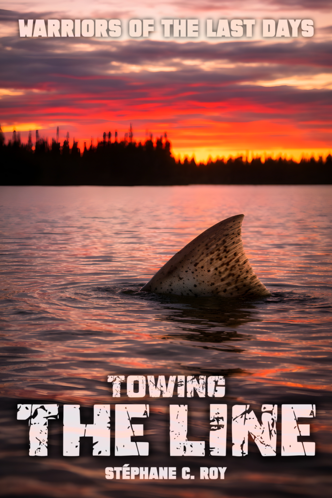 THE LAST DAYS DISPATCH 4 Book cover featuring a spotted fin emerging from calm water under a vibrant red sunset sky.