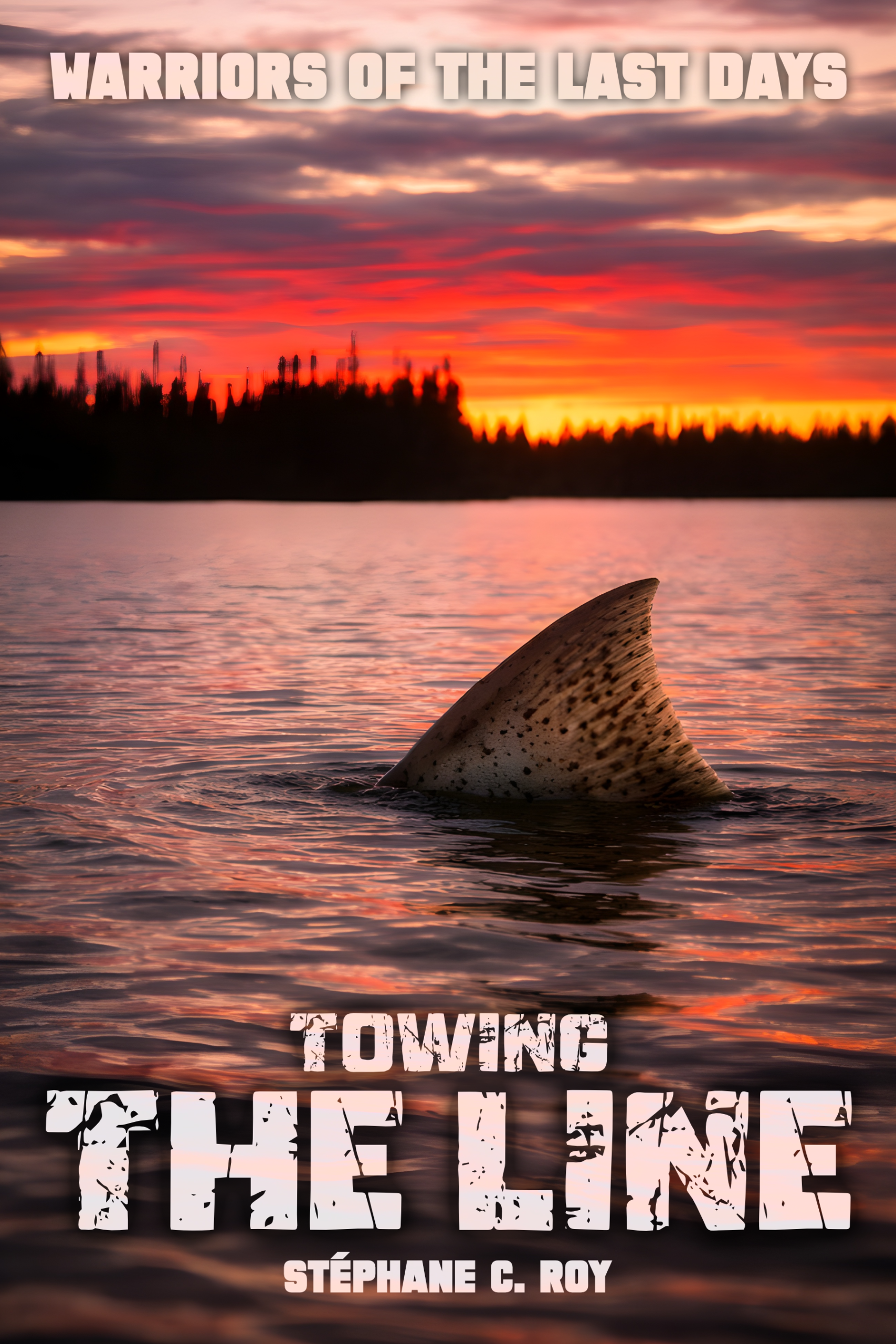 A dorsal fin breaks the surface of a calm lake at sunset, with the book title Towing The Line by Stéphane C. Roy displayed above and below.