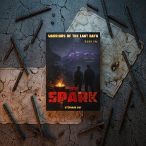 Book cover for The Spark by Stephane Roy featuring a post-apocalyptic scene over old maps and metal rebar.