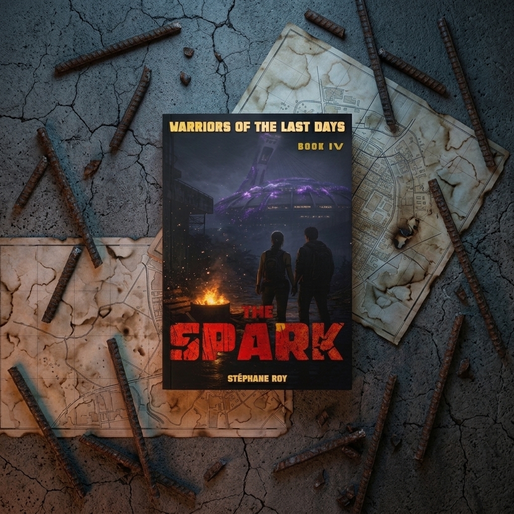 Book cover for The Spark by Stephane Roy featuring a post-apocalyptic scene over old maps and metal rebar.