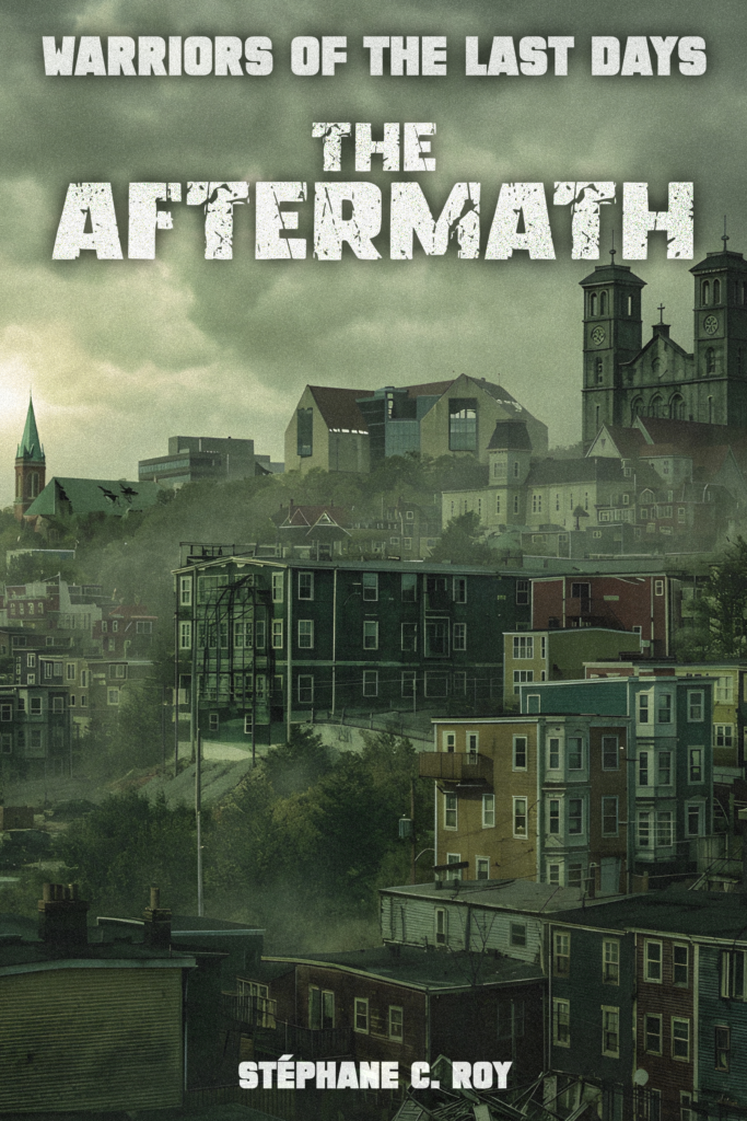 Book cover for The Aftermath by Stéphane C. Roy, featuring a gloomy, post-apocalyptic cityscape under a dark, overcast sky.