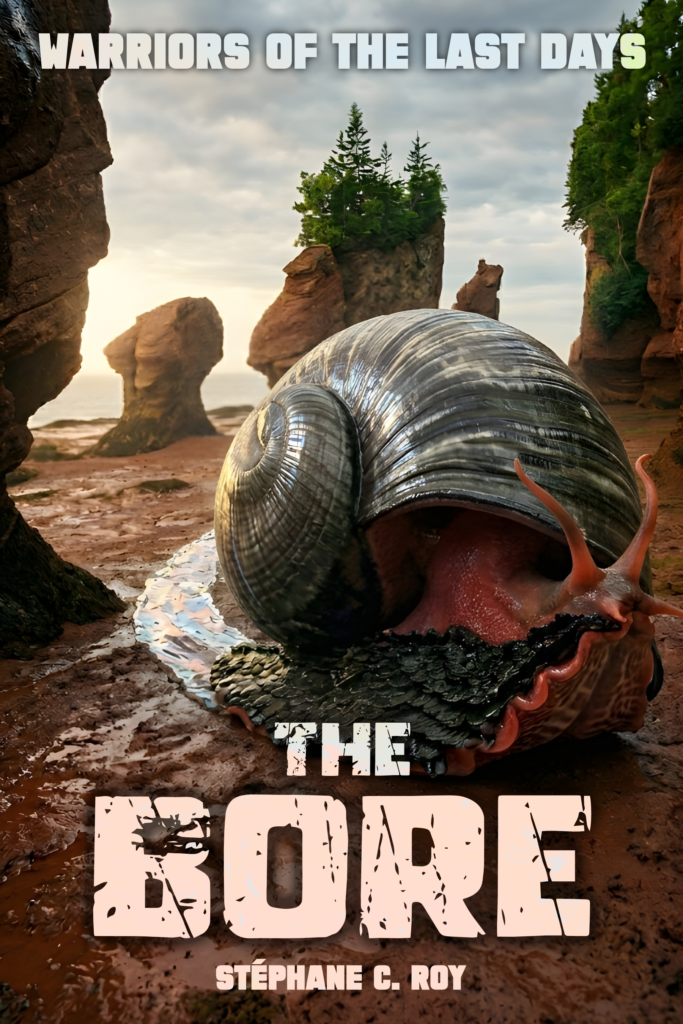 Cover for 'The Bore' short story: a massive, dark-shelled snail with reddish body on a red-rock shore. Text: 'WARRIORS OF THE LAST DAYS'.