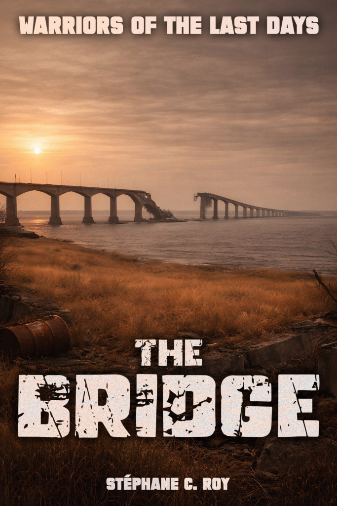 Book cover art for The Bridge, featuring a ruined bridge over water at sunset in a post-apocalyptic landscape.