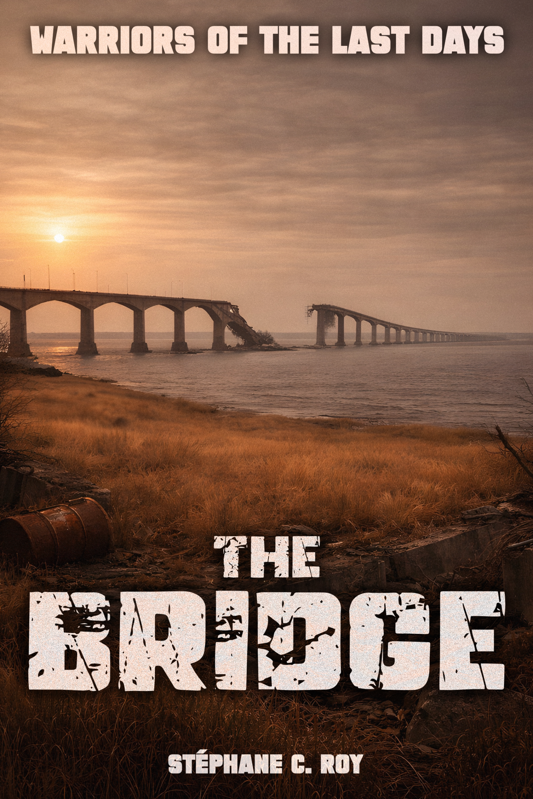 Book cover art for The Bridge, featuring a ruined bridge over water at sunset in a post-apocalyptic landscape.