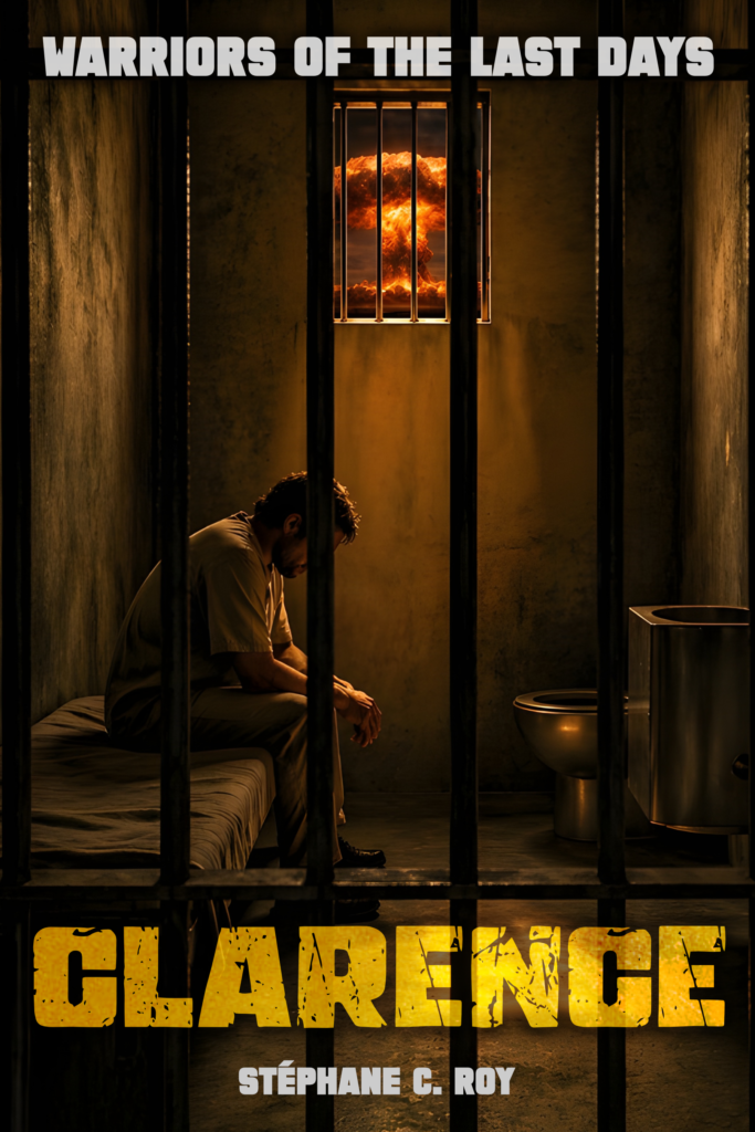 Clarence sits despondently in a dim prison cell. A nuclear mushroom cloud fills the barred window.