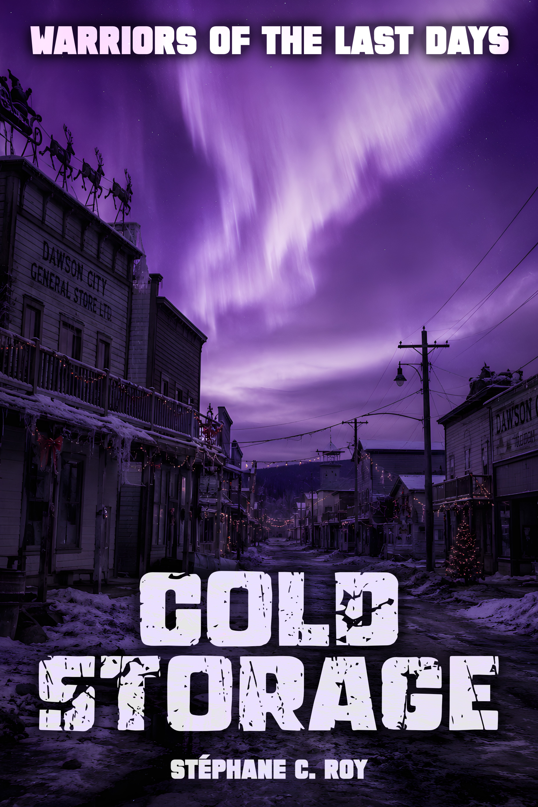 Book cover for Cold Storage by Stéphane C. Roy, featuring a snowy, deserted street under a vibrant purple aurora borealis.