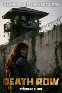 A woman with long hair carrying a shotgun stands before a tall concrete wall topped with barbed wire and a guard tower in a post-apocalyptic setting.
