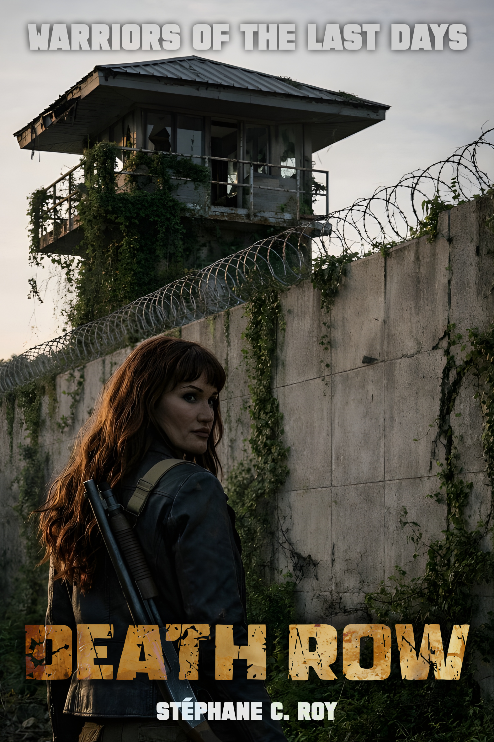 A woman with long hair carrying a shotgun stands before a tall concrete wall topped with barbed wire and a guard tower in a post-apocalyptic setting.