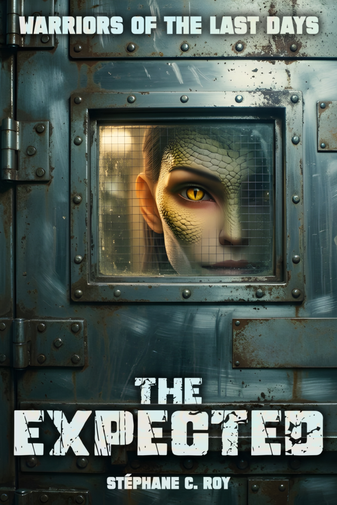 Dystopian novel cover for 'The Expected' showing a reptilian face with a yellow eye peering through a gridded metal door.