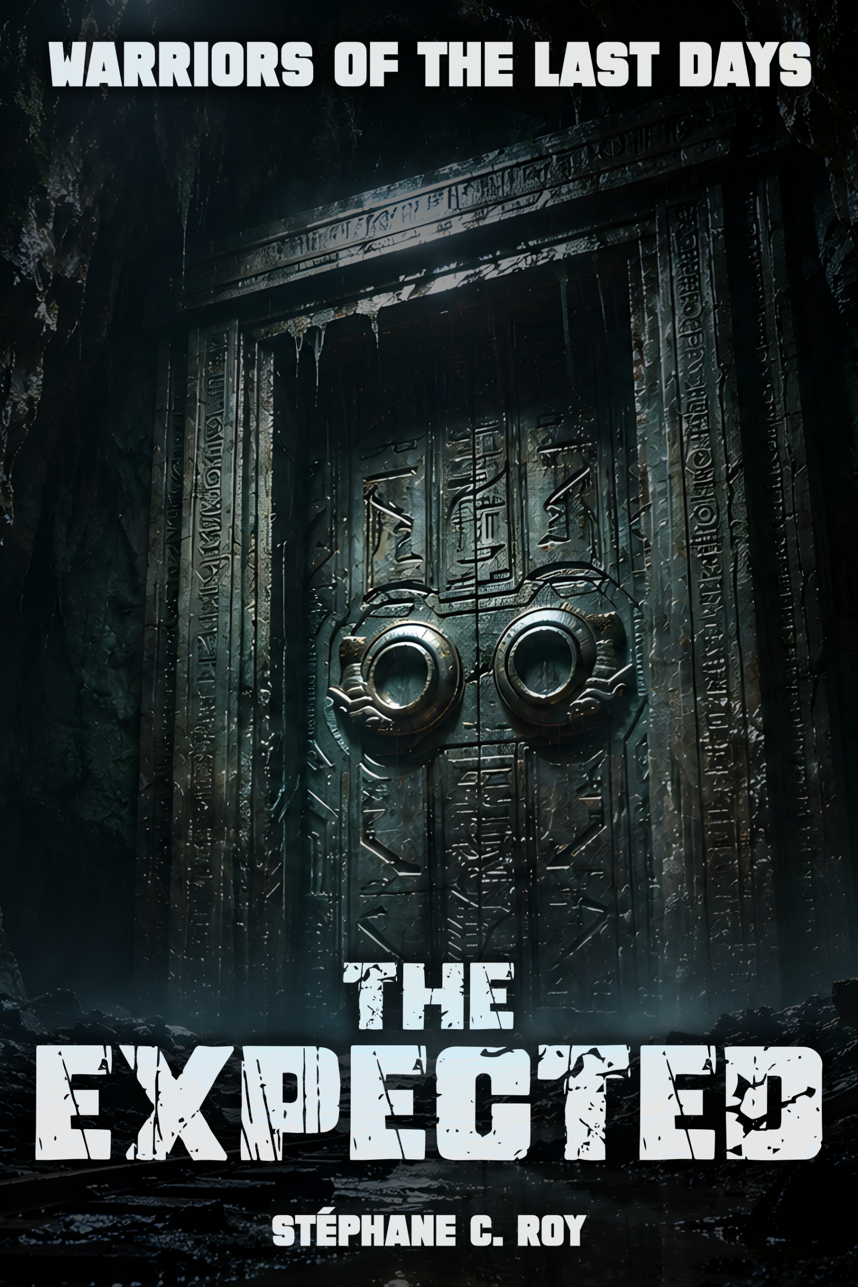 A dark, metallic door with intricate carvings and two circular portals stands in a cavernous setting, serving as the cover art for the novel The Expected by Stéphane C. Roy.