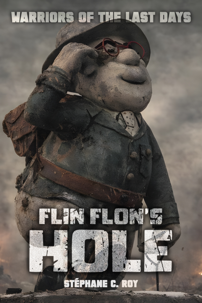 A stylized, clay-like figure wearing a hat and red glasses stands against a smoky, post-apocalyptic background on the cover of the book Flin Flon's Hole by Stéphane C. Roy.
