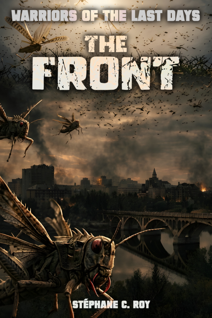 Cover for 'The Front' showing giant locusts swarming a ruined, burning city with a bridge under a dark, smoky sky.