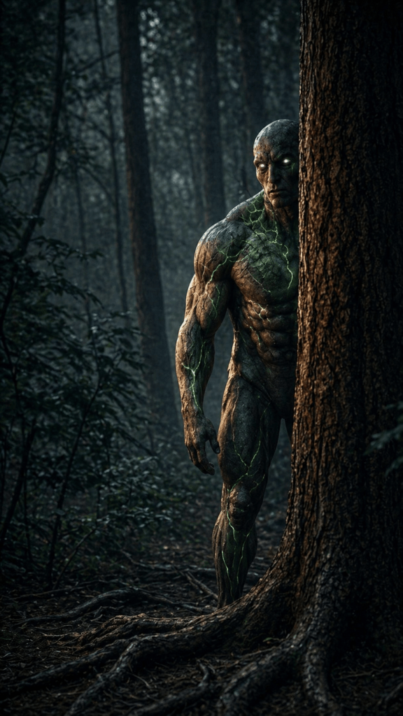 A muscular, stone-like humanoid creature with glowing green veins peeking from behind a tree in a dark, misty forest.