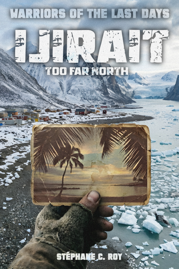 A hand in a worn glove holds a vintage photograph of a tropical beach against a backdrop of a snowy, icy arctic landscape with a small settlement.