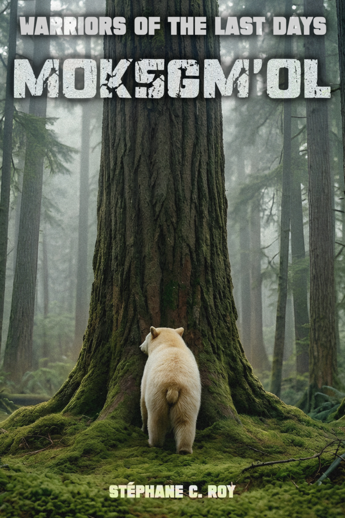 A white bear stands at the base of a massive, moss-covered tree in a misty forest, with the title MOKSGM'OL and author name Stéphane C. Roy displayed above and below.