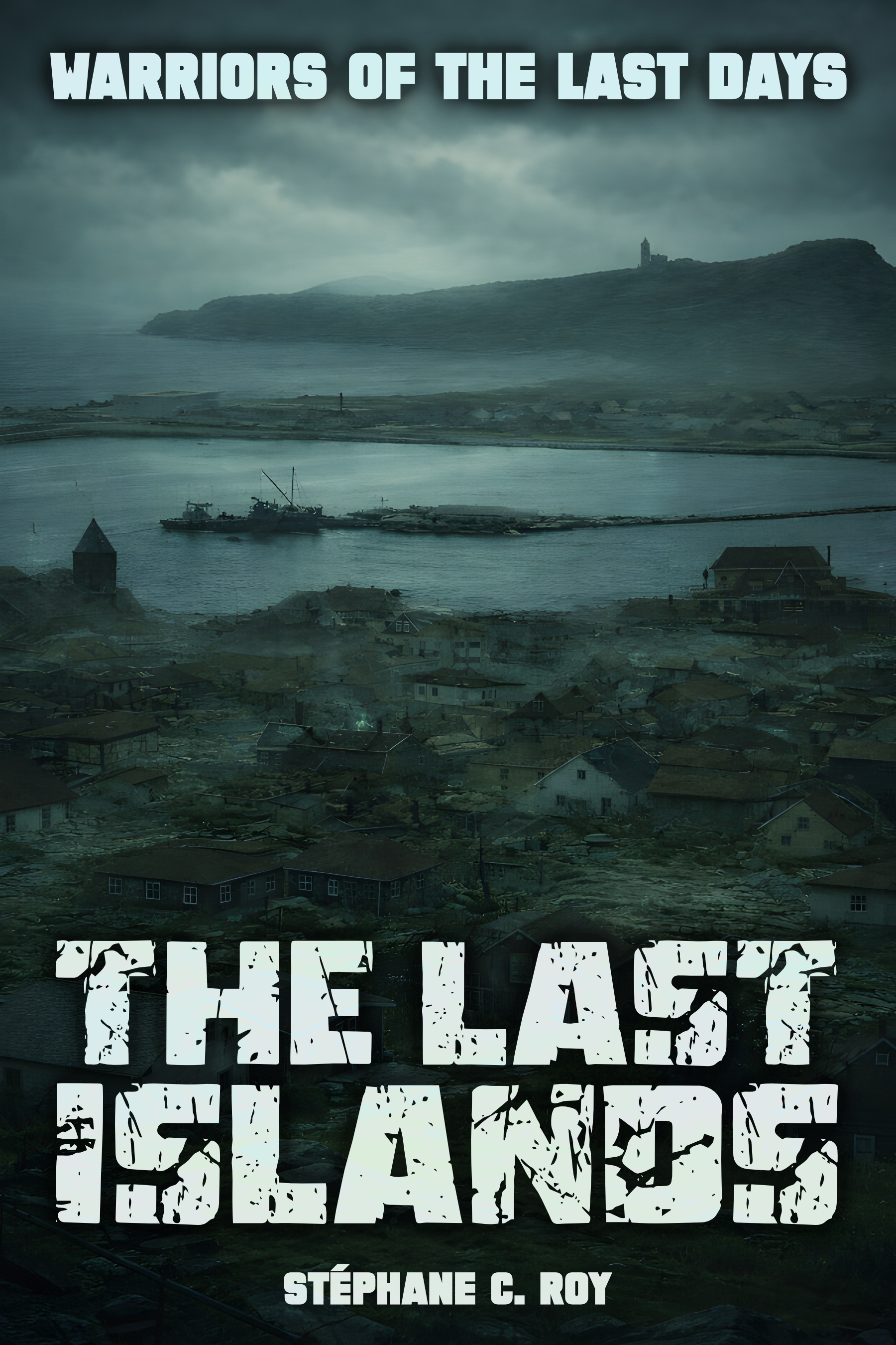 Book cover for The Last Islands by Stéphane C. Roy, featuring a dark, misty coastal village scene.