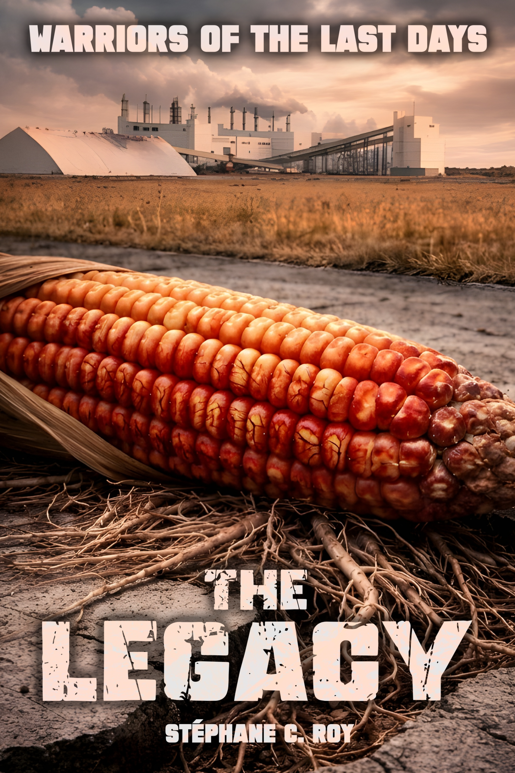 A close-up of a single ear of corn resting on cracked, dry earth in front of an industrial facility under a hazy, post-apocalyptic sky.