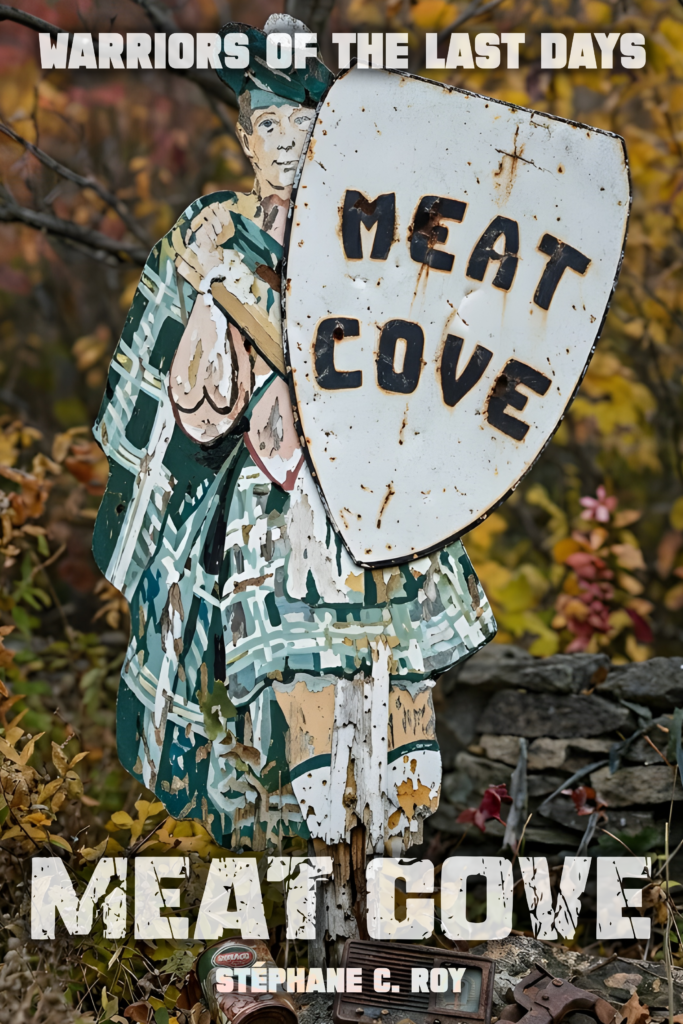 A weathered, painted metal sign depicting a person in a kilt holding a shield that reads Meat Cove, set against an autumn backdrop.