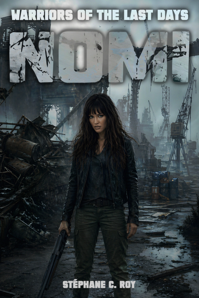 A woman with long dark hair stands in a post-apocalyptic industrial wasteland holding a firearm, featured on the cover of the book Nomi: Warriors of the Last Days by Stéphane C. Roy.