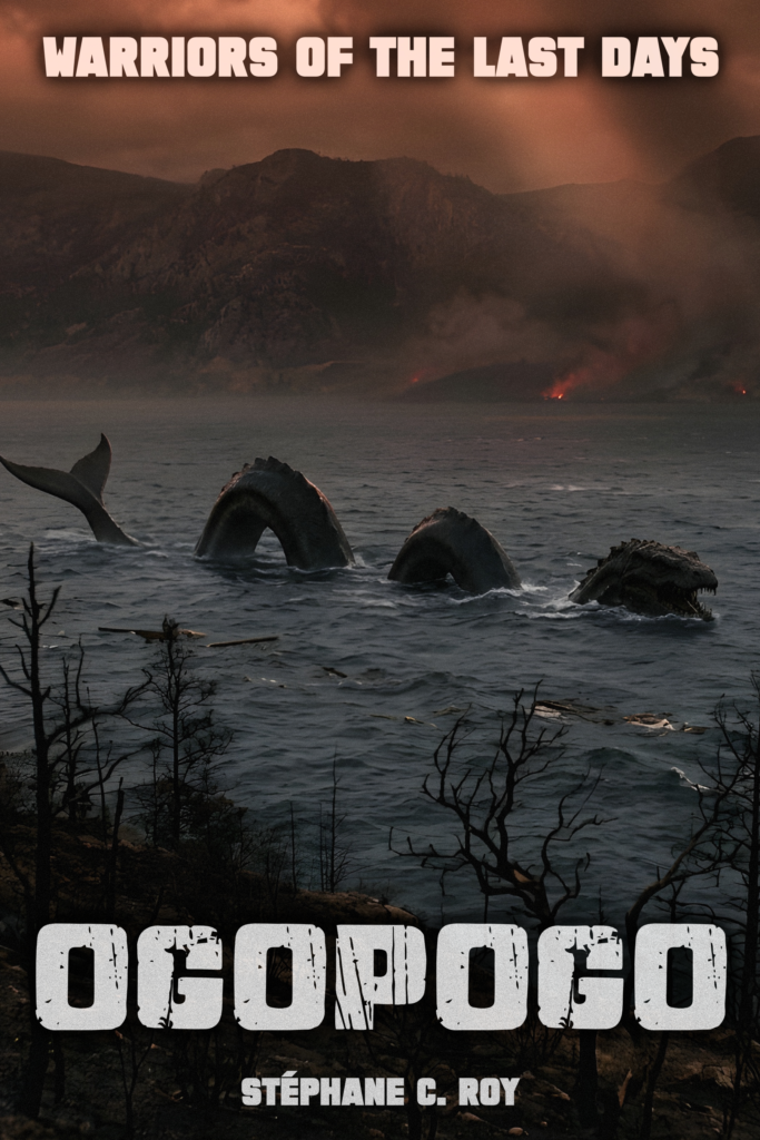 The Ogopogo monster rises from dark, post-apocalyptic waters under a smoky, fiery sky, barren trees in foreground.