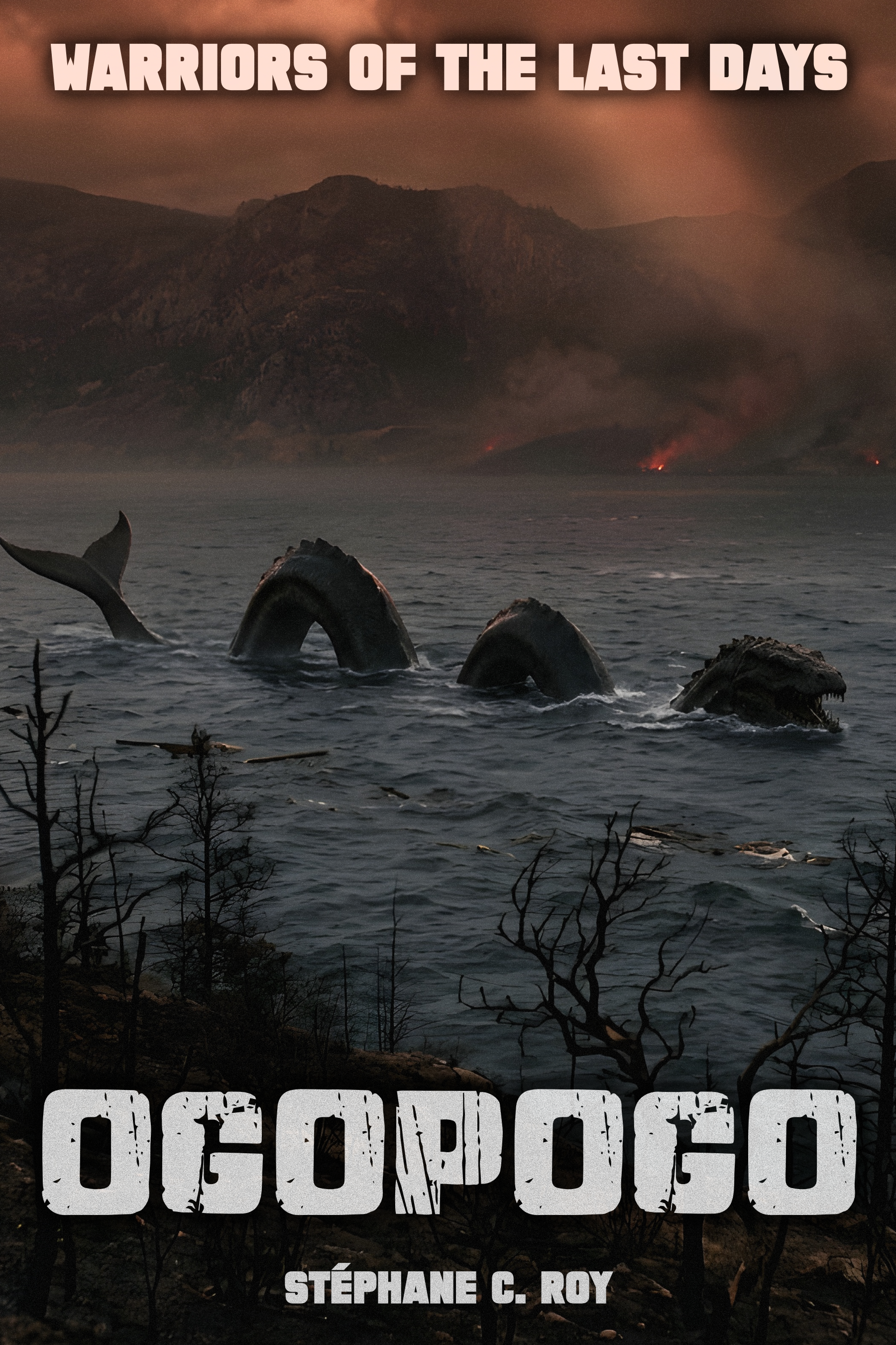 The Ogopogo monster rises from dark, post-apocalyptic waters under a smoky, fiery sky, barren trees in foreground.