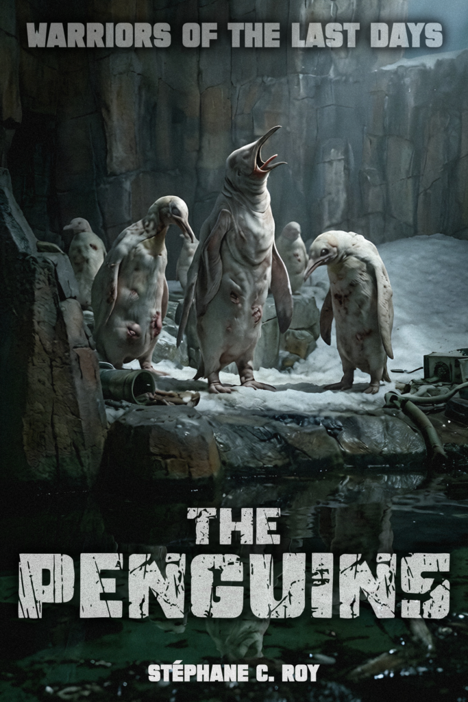 A group of pale, weathered penguins standing in a rocky, snow-covered landscape with the text Warriors of the Last Days and The Penguins by Stéphane C. Roy overlaid.