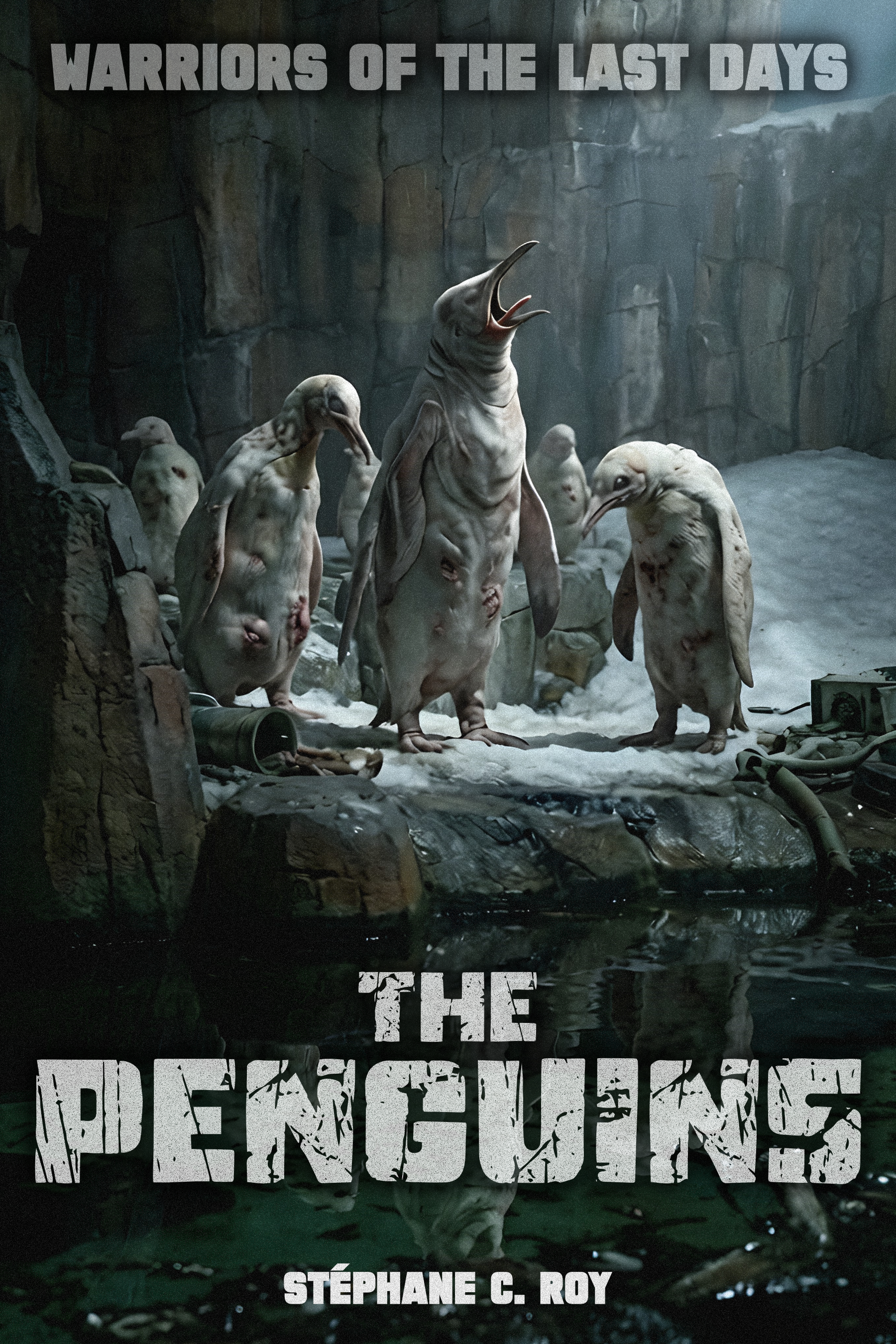 A group of pale, weathered penguins standing in a rocky, snow-covered landscape with the text Warriors of the Last Days and The Penguins by Stéphane C. Roy overlaid.