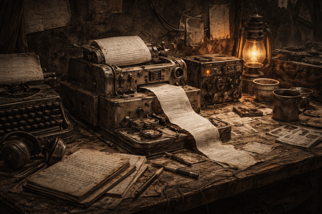 PRESS CONTACT: Dystopian desk with typewriter, teletype printing, glowing radio, lantern, and documents for post-apocalyptic press contact.