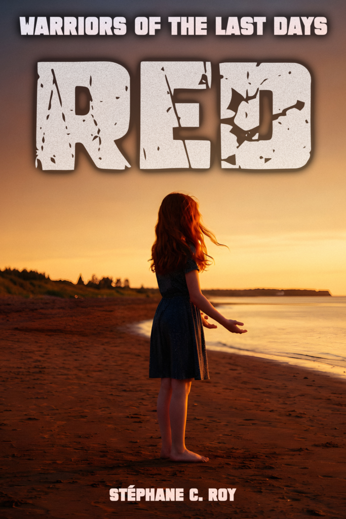Cover for the novel RED, part of the Warriors of the Last Days series. A red-haired person stands on a beach at sunset.