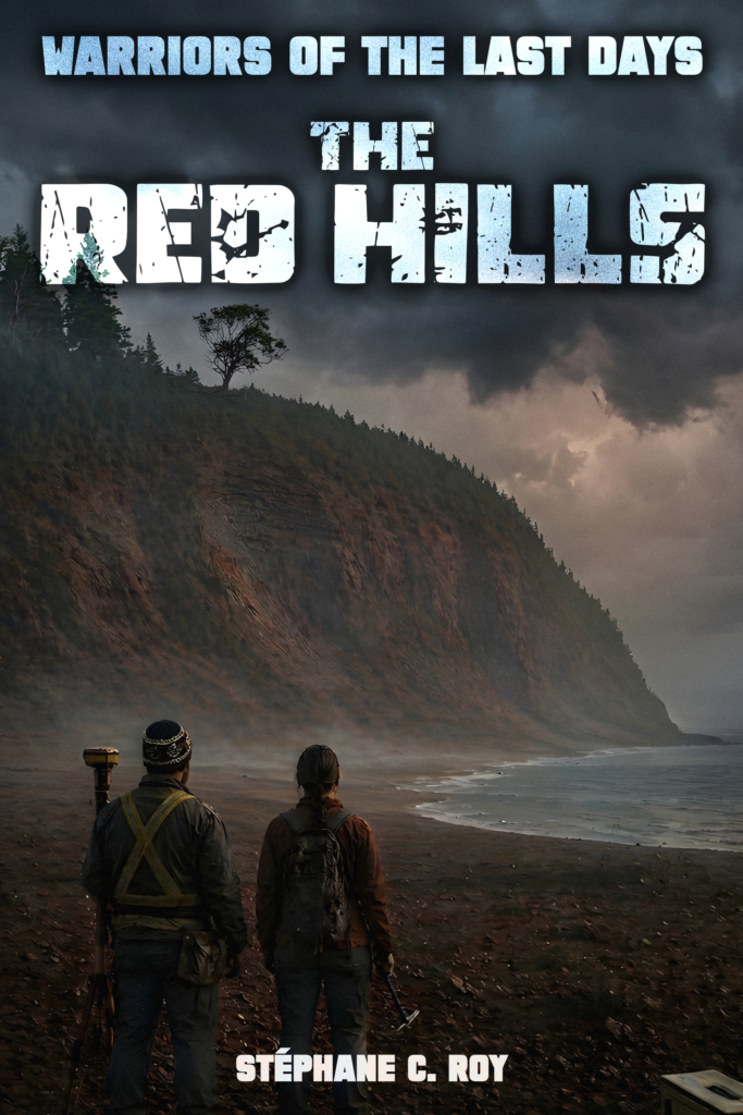 Book cover for 'The Red Hills'. Two figures on a desolate beach gaze at a massive red cliff under a stormy, grey sky.