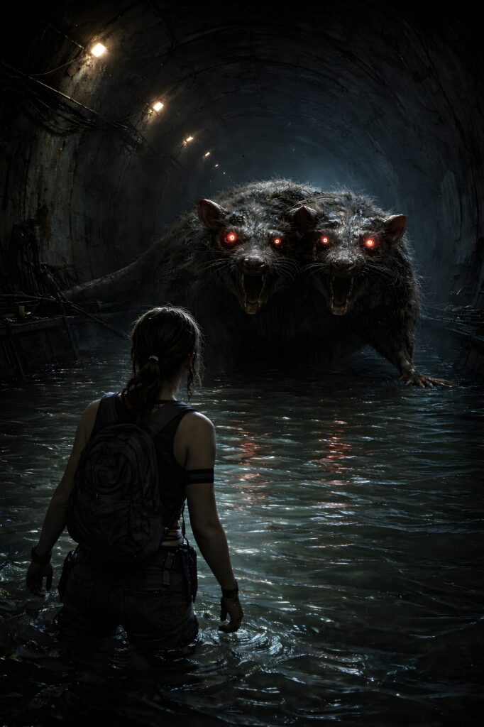 A woman with a backpack stands in a flooded tunnel, facing a giant, menacing rat monster with two heads and glowing eyes.
