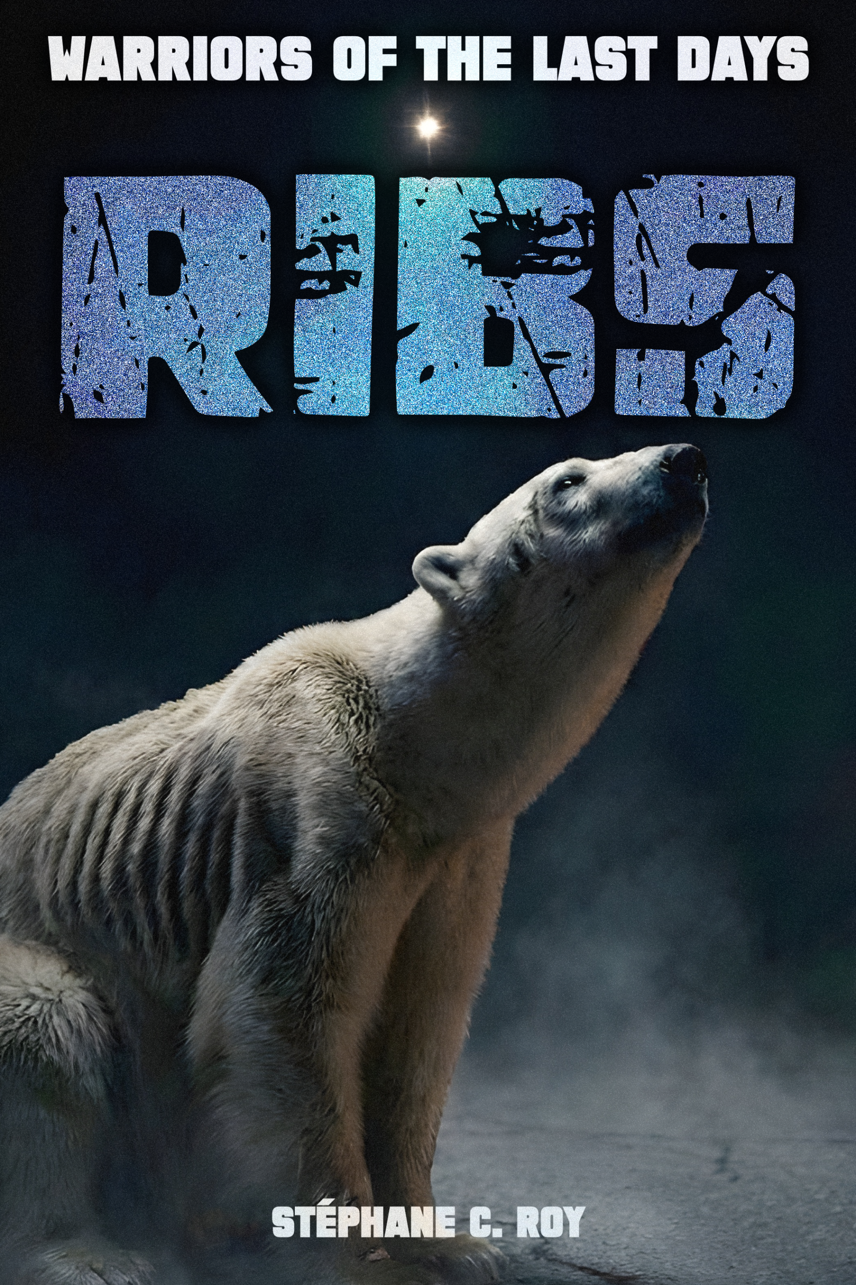 Cover for the dystopian short story 'RIBS,' showing a gaunt polar bear gazing at a bright light. By Stéphane Roy.