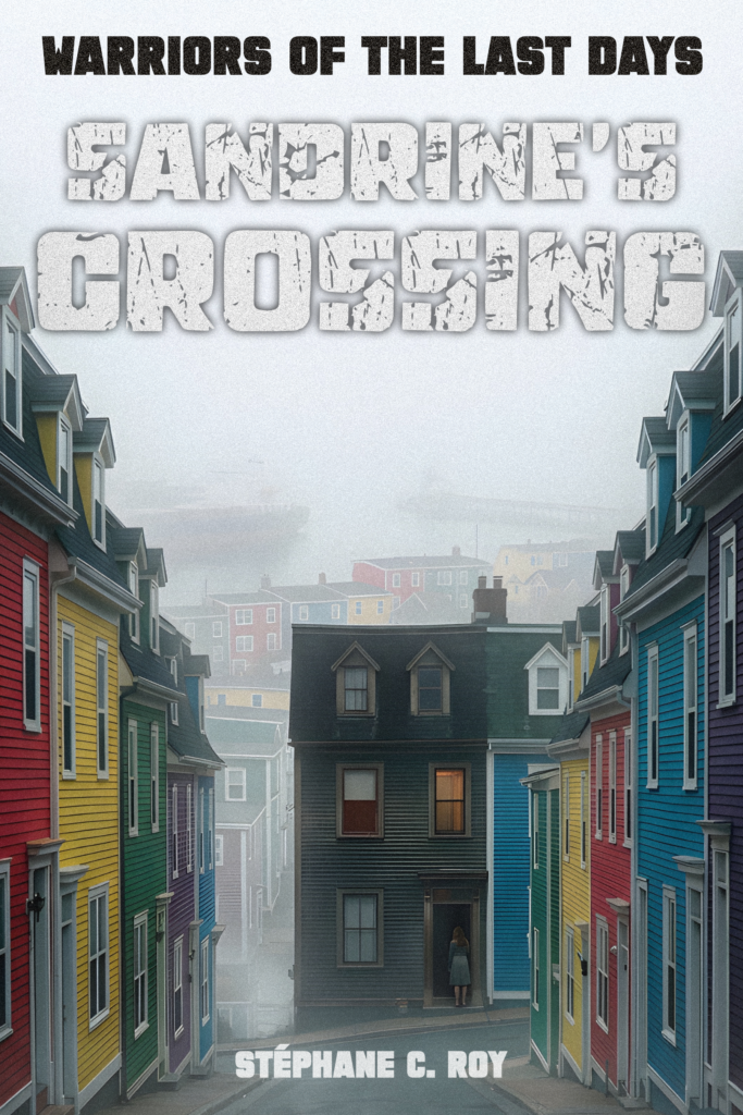 Book cover for Warriors of the Last Days: Sandrine's Crossing, featuring a person standing in the doorway of a dark house on a street lined with colorful houses in a foggy, post-nuclear setting.