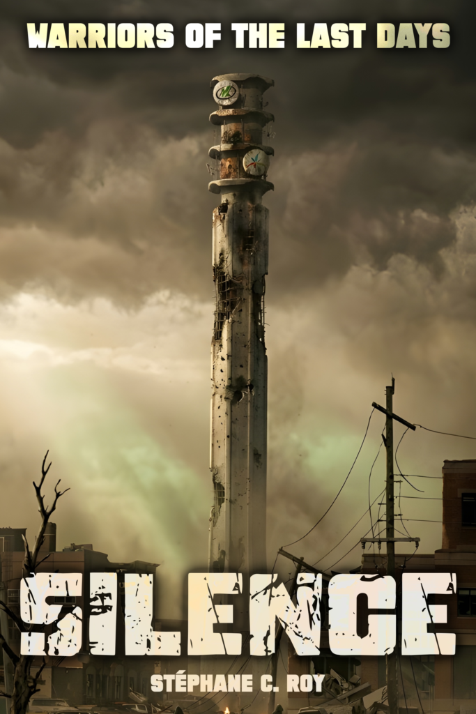 Cover art for the short story Silence, featuring a damaged communication tower in a post-apocalyptic city under a dark, stormy sky.