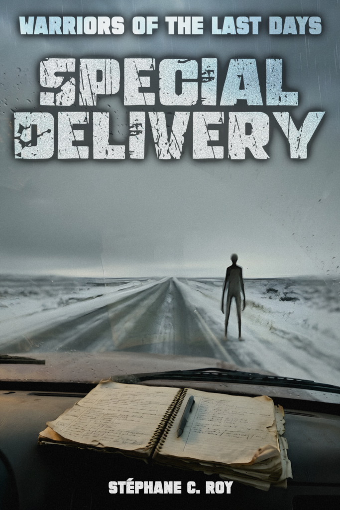 Cover art for the short story Special Delivery, showing a desolate snowy road viewed from inside a car with a notebook on the dashboard and a mysterious figure standing in the distance.