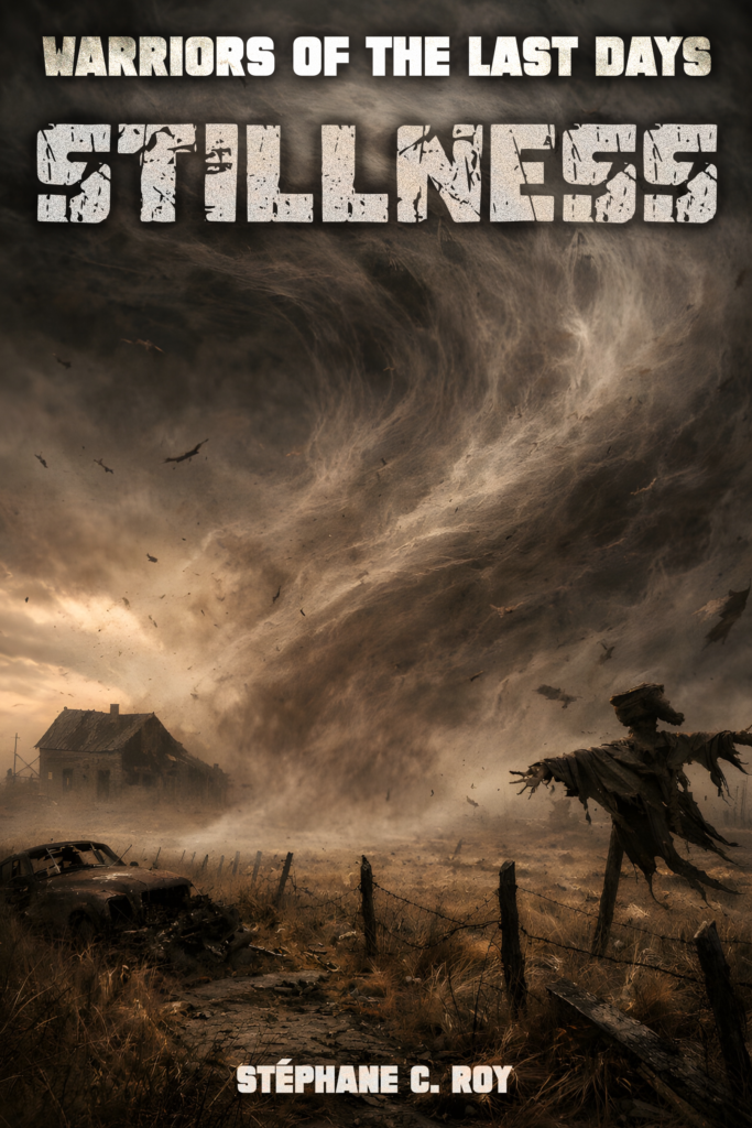 Stillness dystopian book cover showing a massive dust storm, ruined house, wrecked car, and a tattered scarecrow figure.
