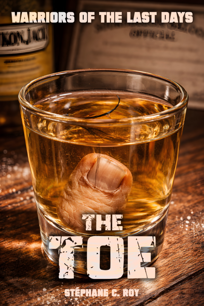 Cover art for 'The Toe' short story: a sourtoe cocktail fiction where a human toe immersed in an amber drink within a glass. Text 'THE TOE' and 'STÉPHANE ROY'.