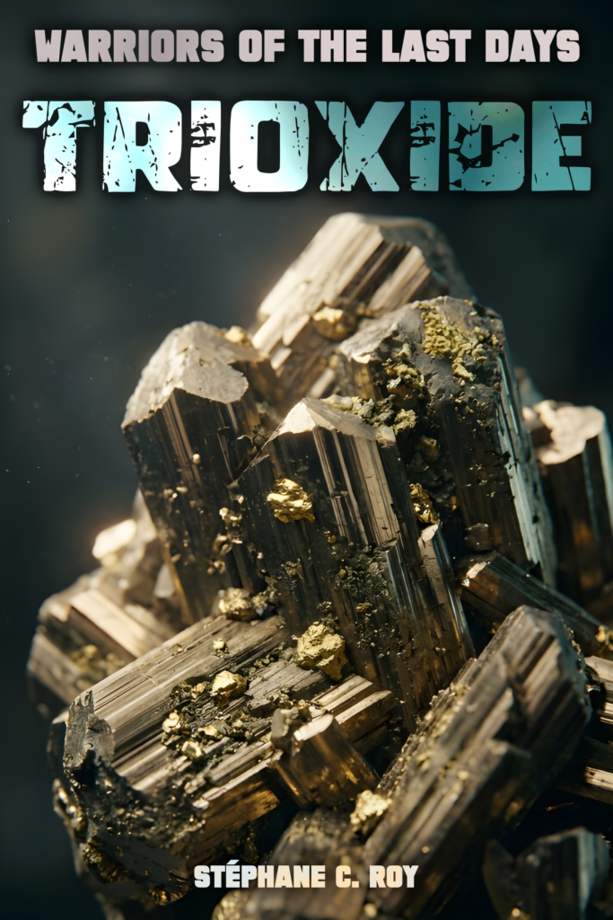 Cover art for the short story Trioxide, featuring a cluster of metallic, crystalline mineral formations.