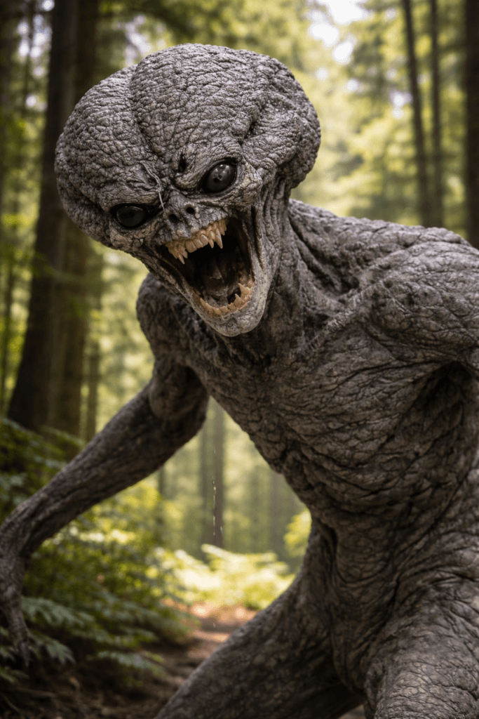 A monstrous grey creature with textured skin and sharp teeth crouches in a forest.