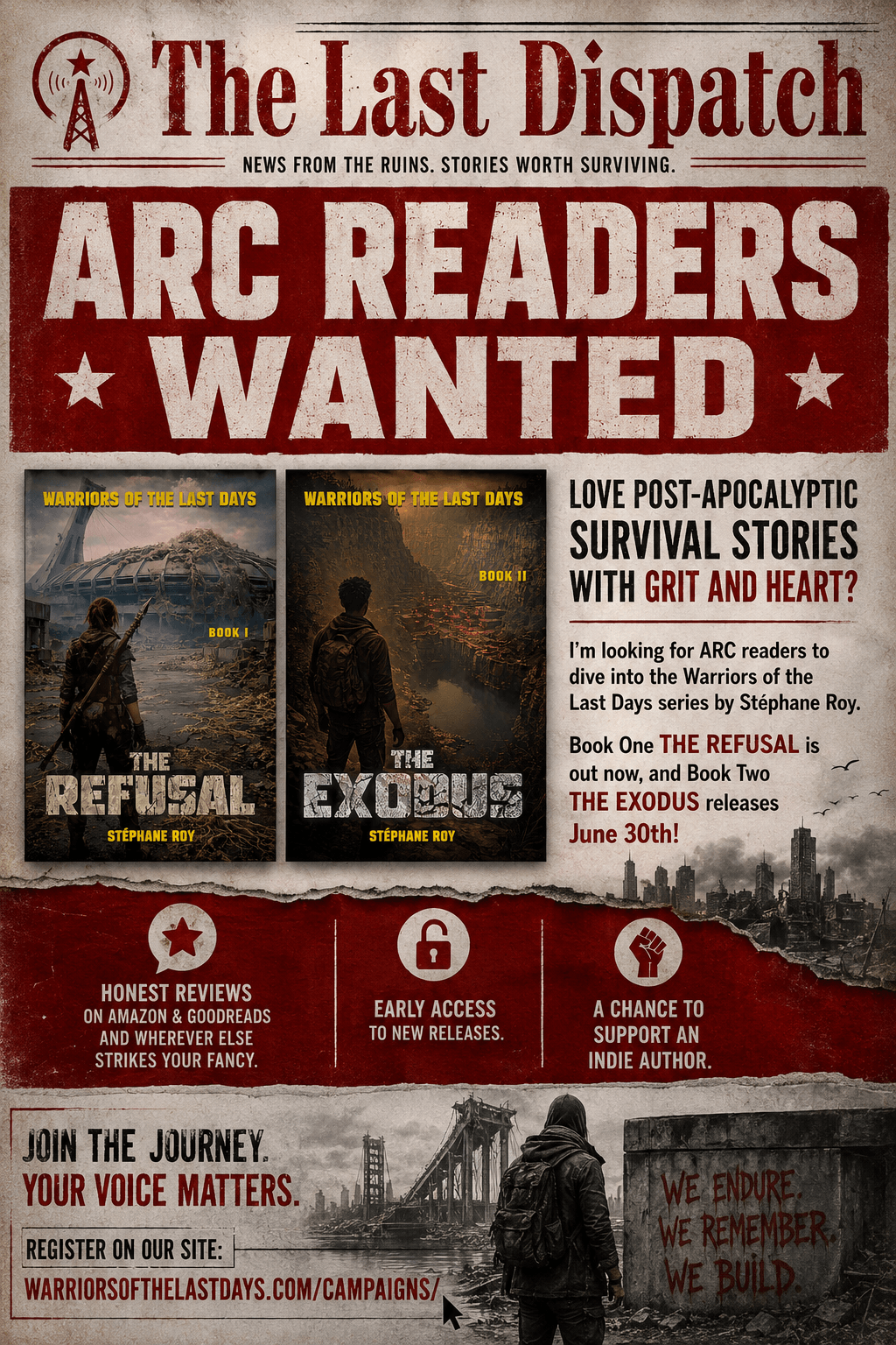 A vintage-style recruitment poster seeking ARC readers for the post-apocalyptic Warriors of the Last Days book series.