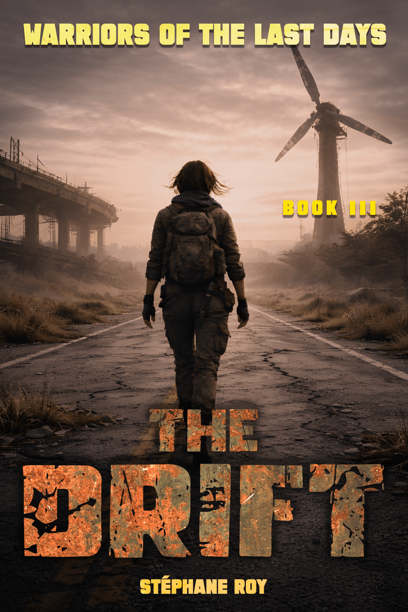 A lone traveler with a backpack walks down a desolate road toward a ruined windmill under a moody, sepia-toned sky.