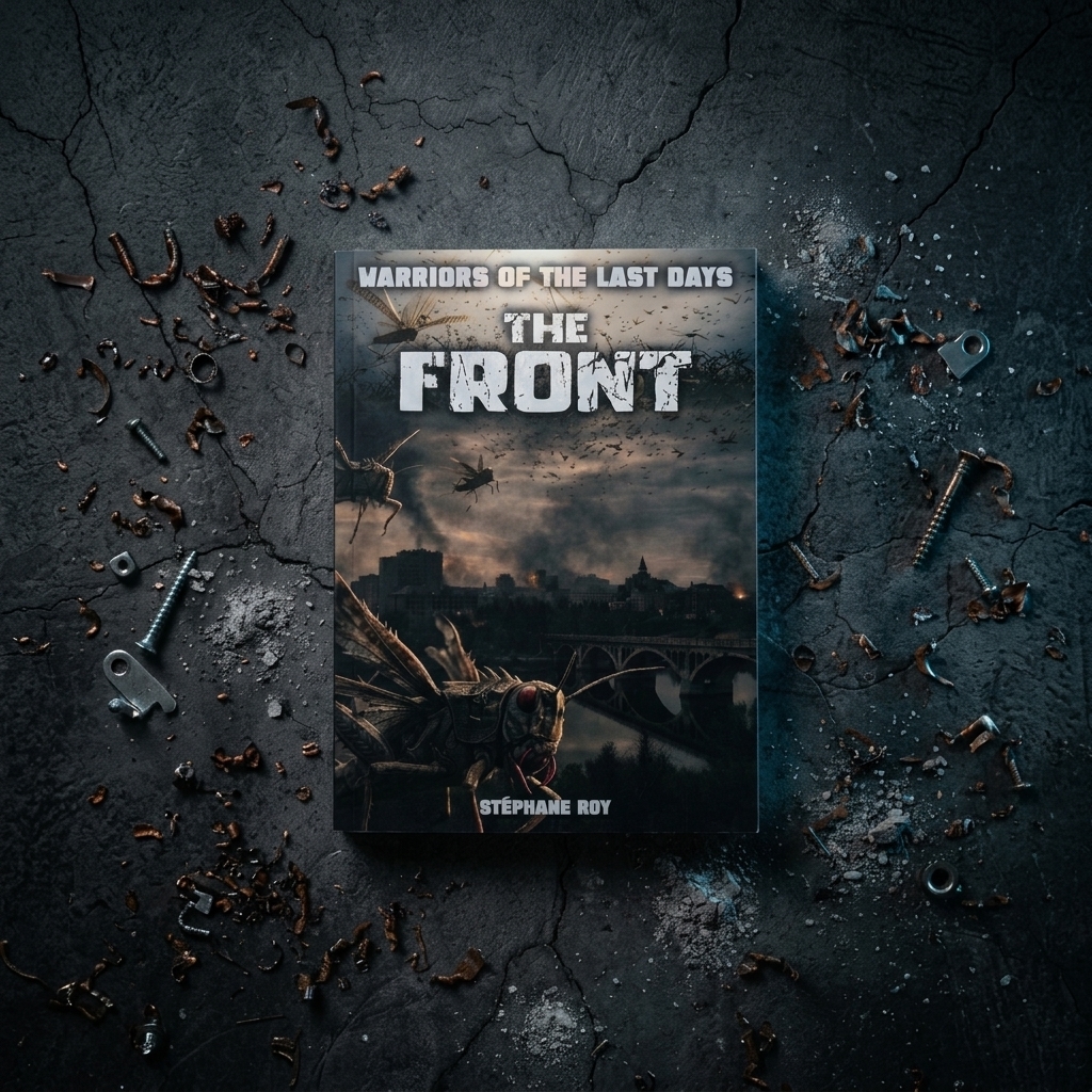 A book cover titled The Front by Stéphane Roy, featuring a giant insect over a dark, post-apocalyptic cityscape, resting on a cracked concrete surface scattered with metal debris.