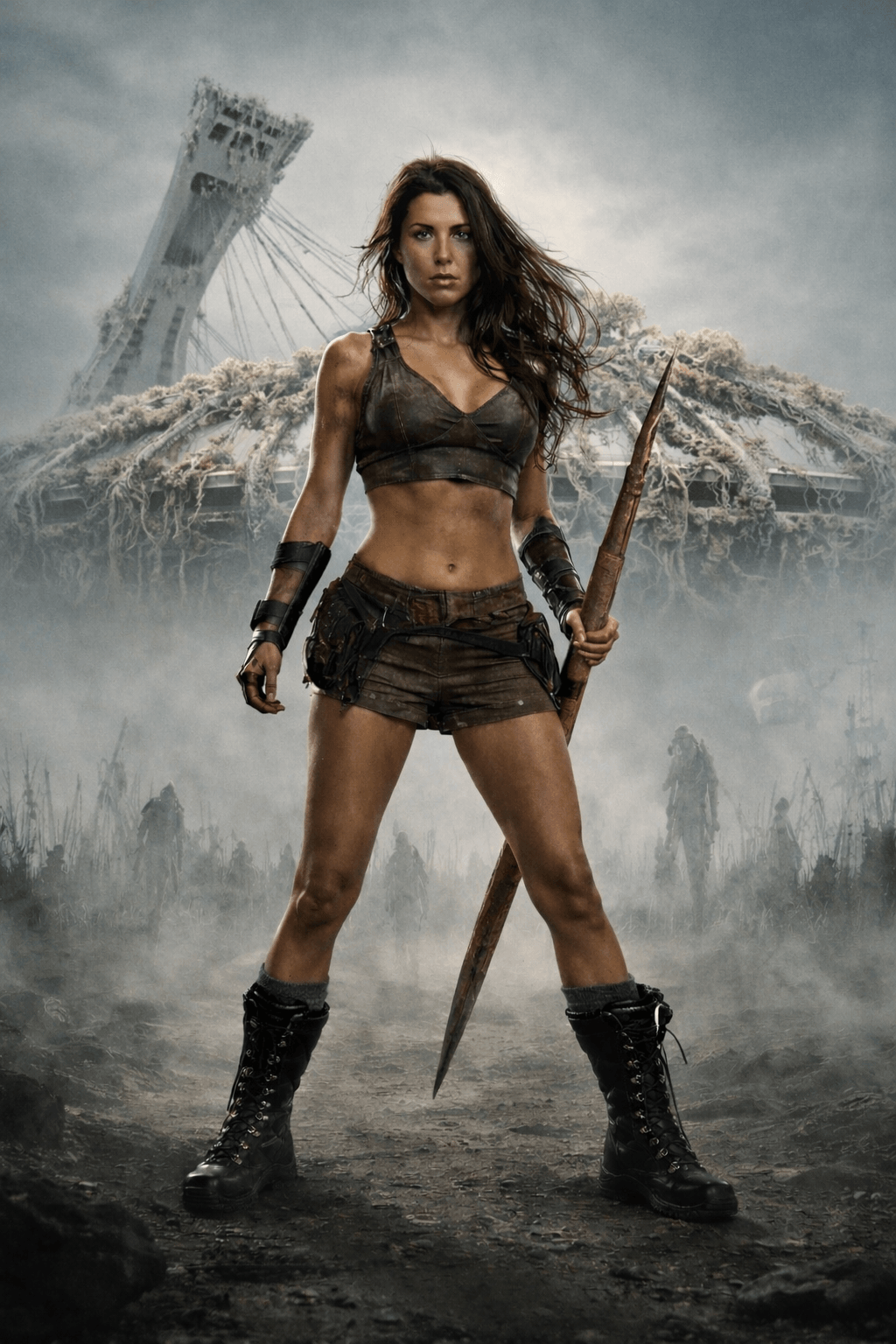 A determined female survivor in rugged attire stands holding a spear in front of the ruins of Montreal's Olympic Stadium.