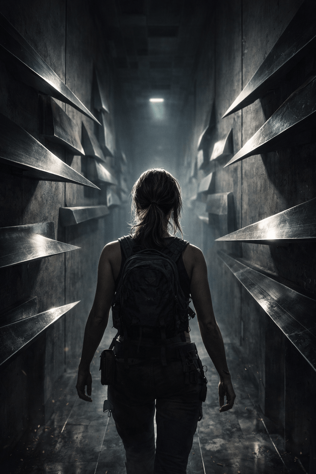 A lone woman with a backpack walks away from the camera through a dark, narrow corridor lined with sharp metal protrusions.