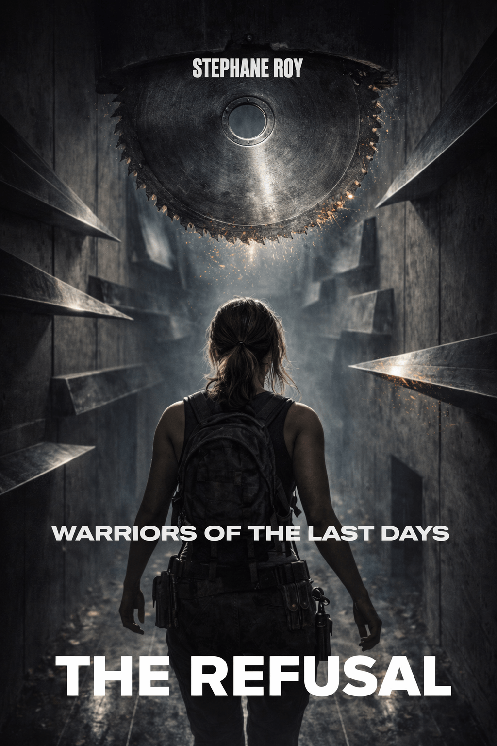 A person with a backpack stands in a dark concrete tunnel beneath a large, threatening circular saw blade.