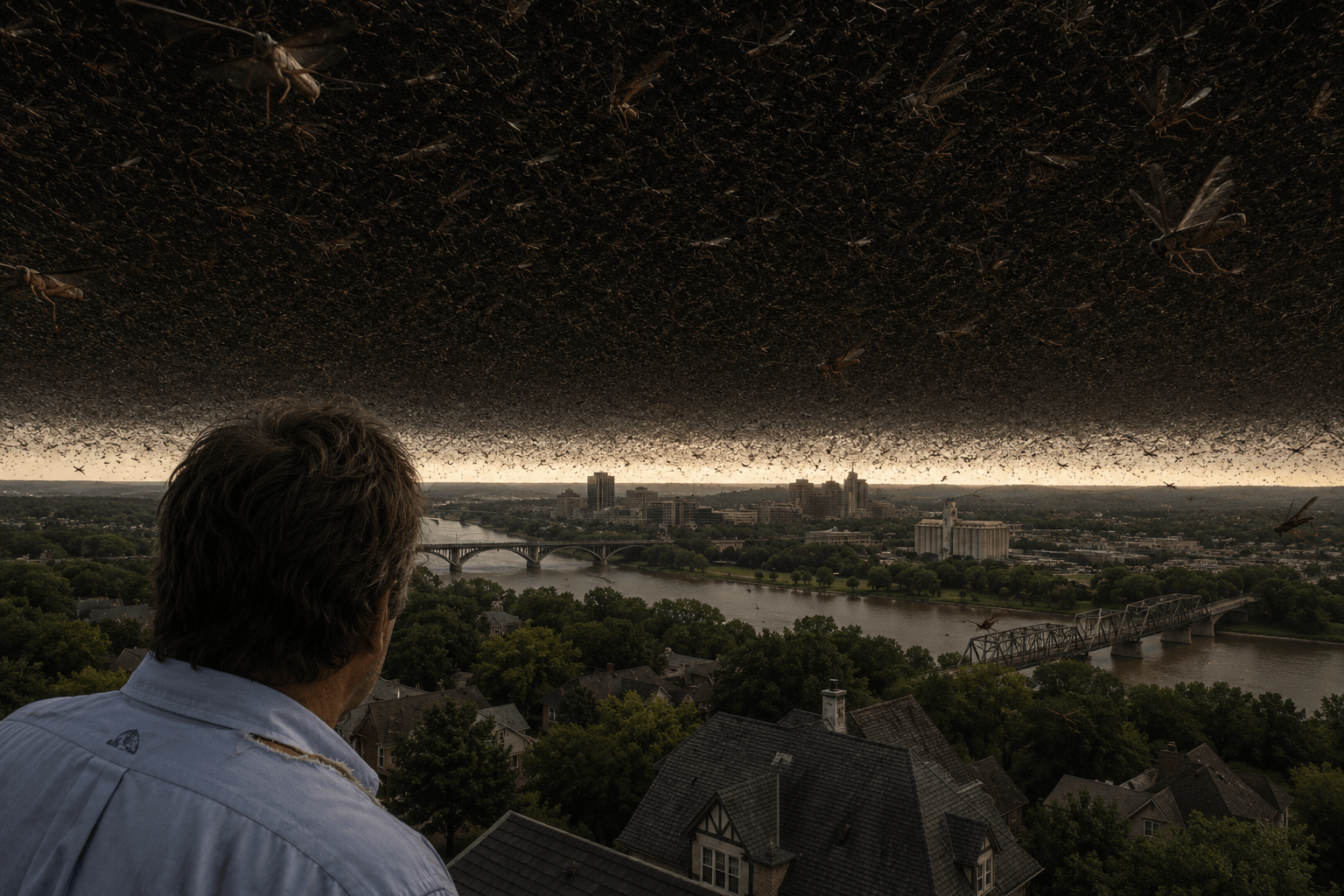 A man looks over a city landscape as a massive, dark cloud of locusts looms over the horizon at twilight.