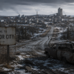 A rusted welcome sign for Labrador City stands beside a desolate, snow-dusted road leading to a bleak industrial town.