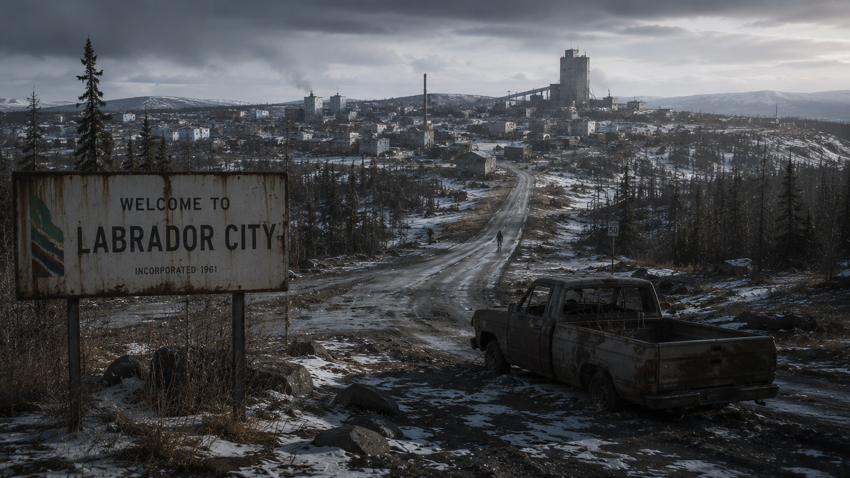 A rusted welcome sign for Labrador City stands beside a desolate, snow-dusted road leading to a bleak industrial town.