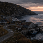 A desolate coastal village with weathered houses and fishing boats moored at a dock under a moody sunset.